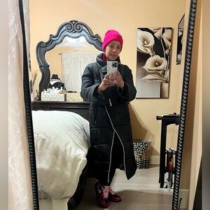 Black Quilted Puffer Coat with Cream Piping  Size SMALL